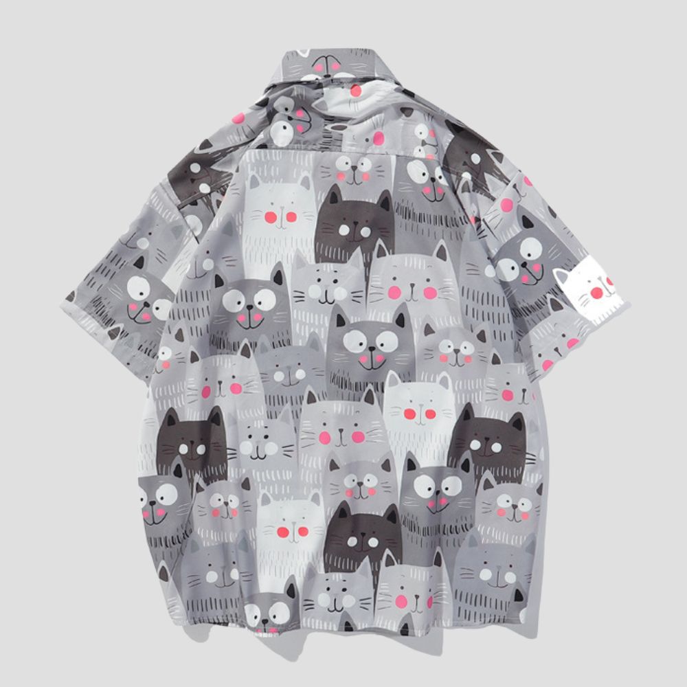 Camisa de algodón de seda estampada con estampado de gato