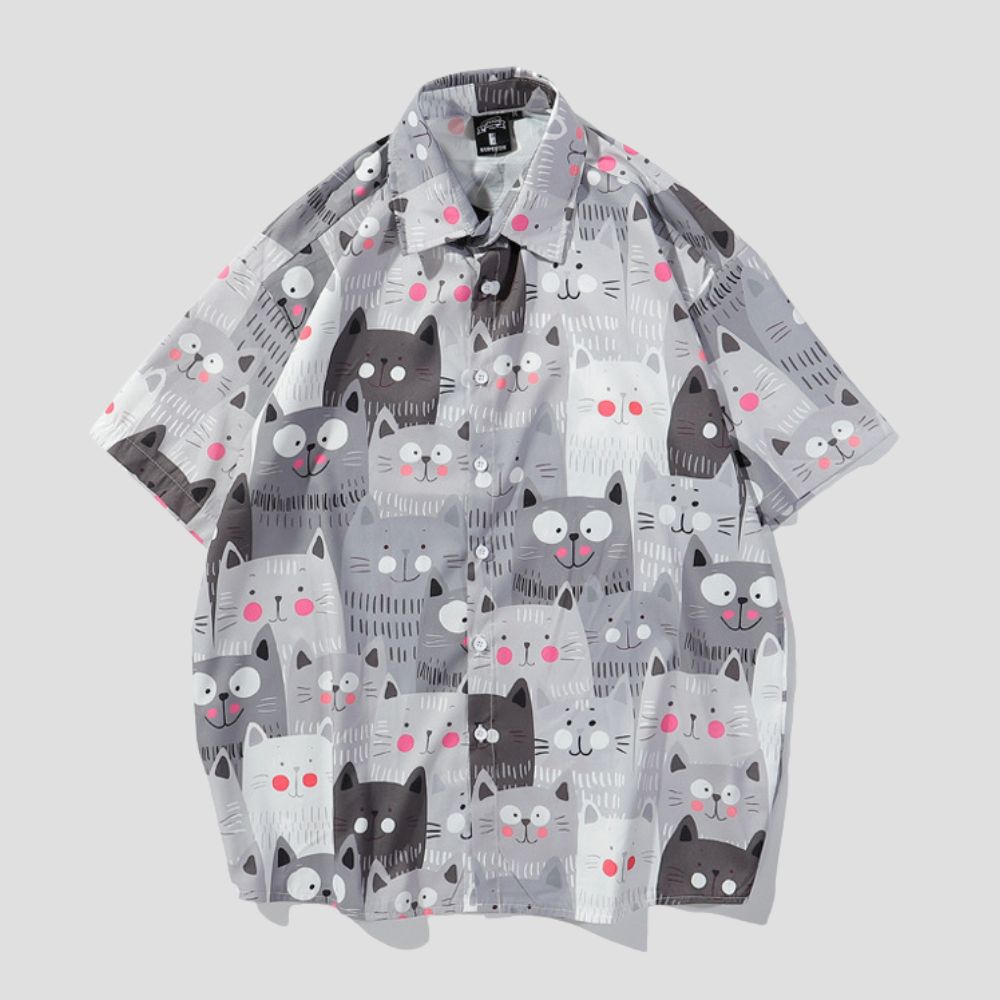 Camisa de algodón de seda estampada con estampado de gato