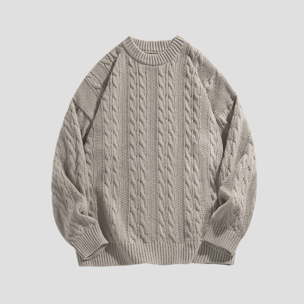 Solid color crewneck sweater with retro twist-knit design.
