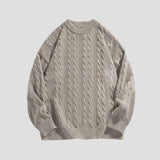 Solid color crewneck sweater with retro twist-knit design.
