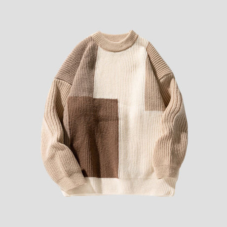 Front view of Color Block Patchwork Sweater showcasing vibrant color panels