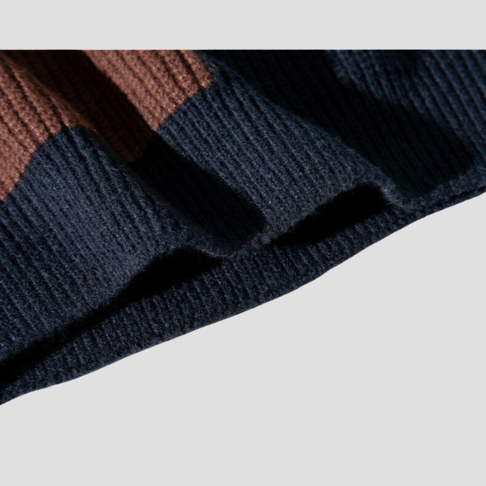 Side view of Color Block Patchwork Sweater showing its relaxed fit.