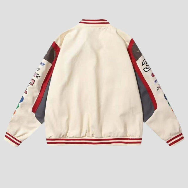 Embroidered floral patterns on a street fashion baseball jacket