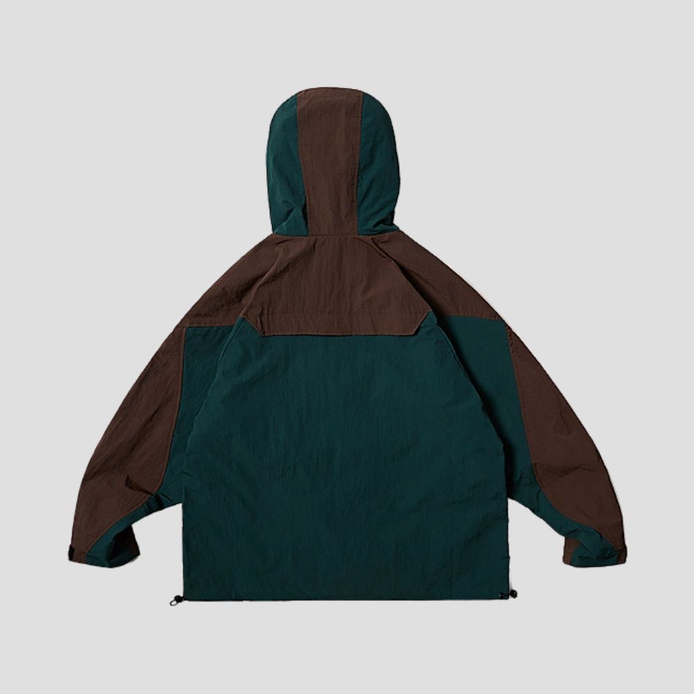 Back View of Color-Blocked Hooded Jacket highlighting the unique color combination