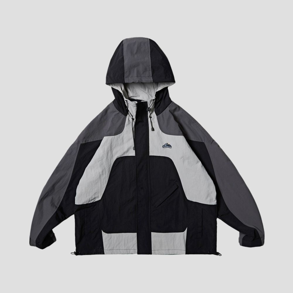 Color-Blocked Hooded Jacket Front View, showcasing its stylish design