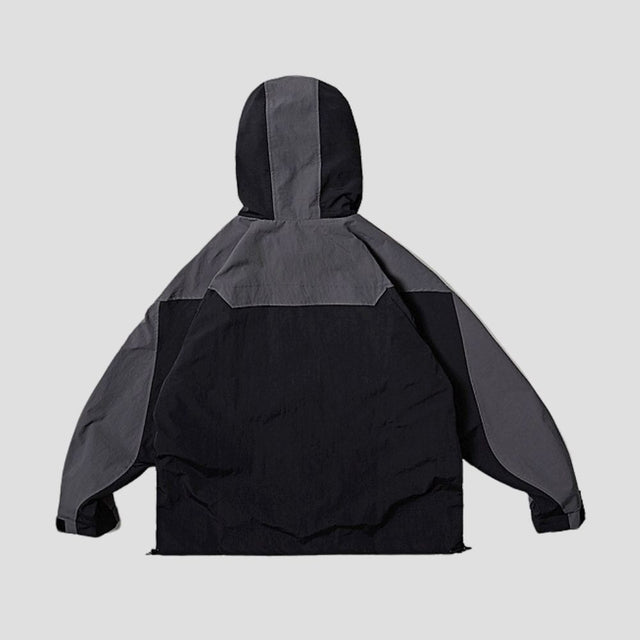 Back View of Color-Blocked Hooded Jacket highlighting the unique color combination