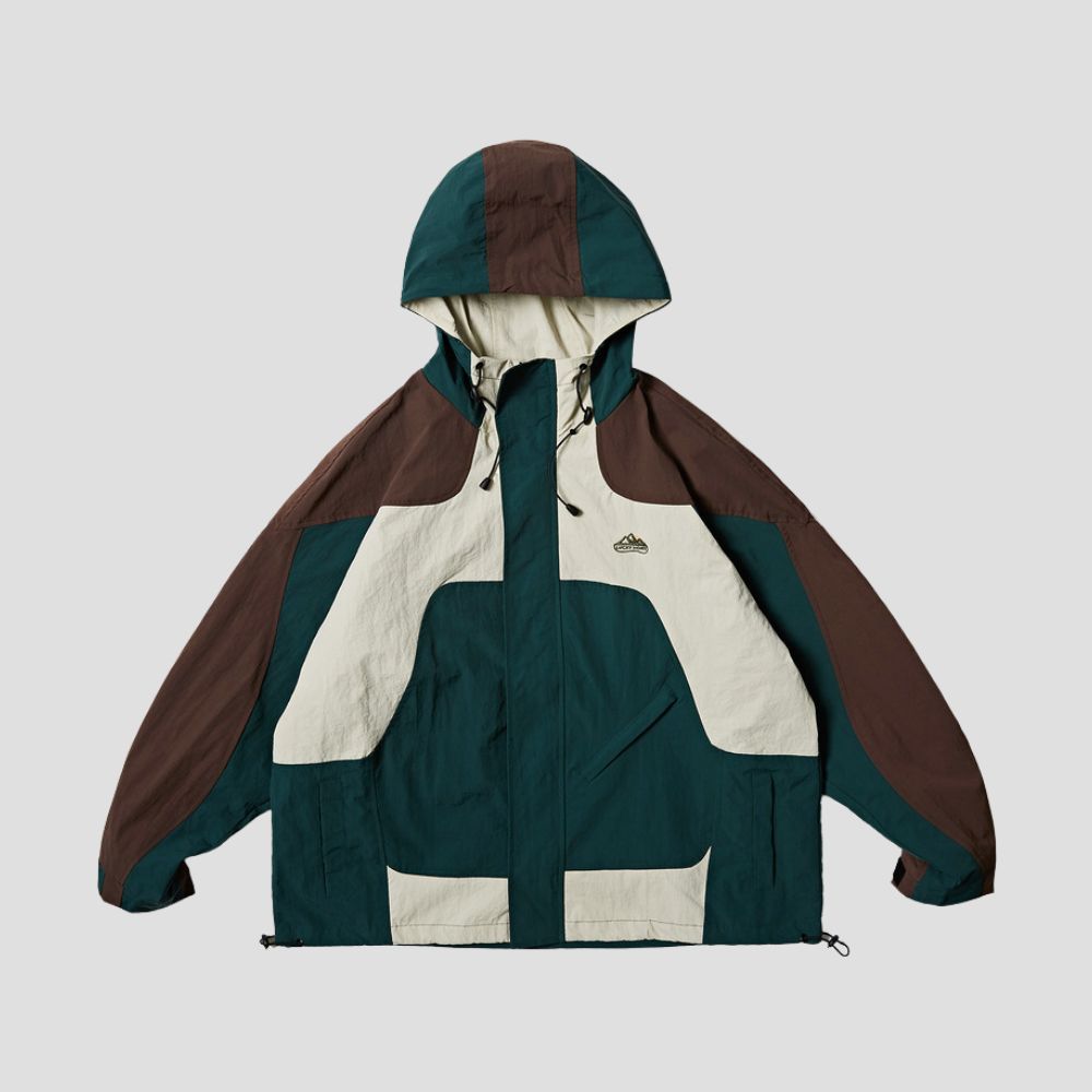 Color-Blocked Hooded Jacket Front View, showcasing its stylish design