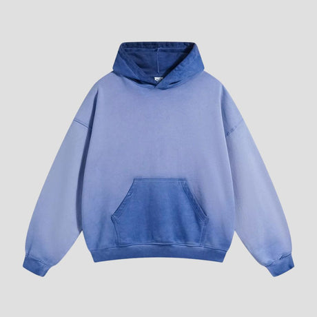  The rear of the color-blocked hooded sweatshirt, displaying the cozy hood and color-blocking design in full.