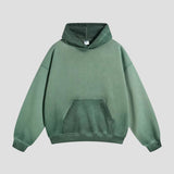  The rear of the color-blocked hooded sweatshirt, displaying the cozy hood and color-blocking design in full.