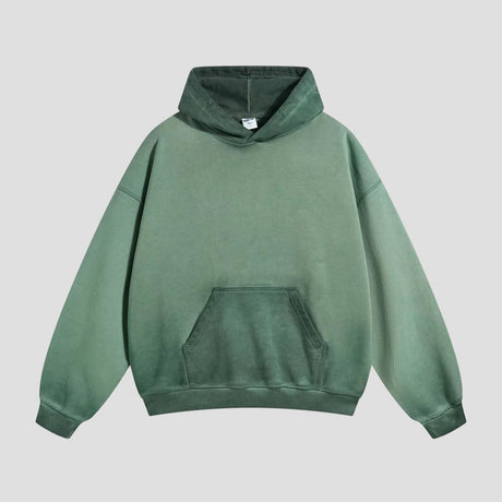  The rear of the color-blocked hooded sweatshirt, displaying the cozy hood and color-blocking design in full.