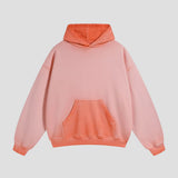  The rear of the color-blocked hooded sweatshirt, displaying the cozy hood and color-blocking design in full.