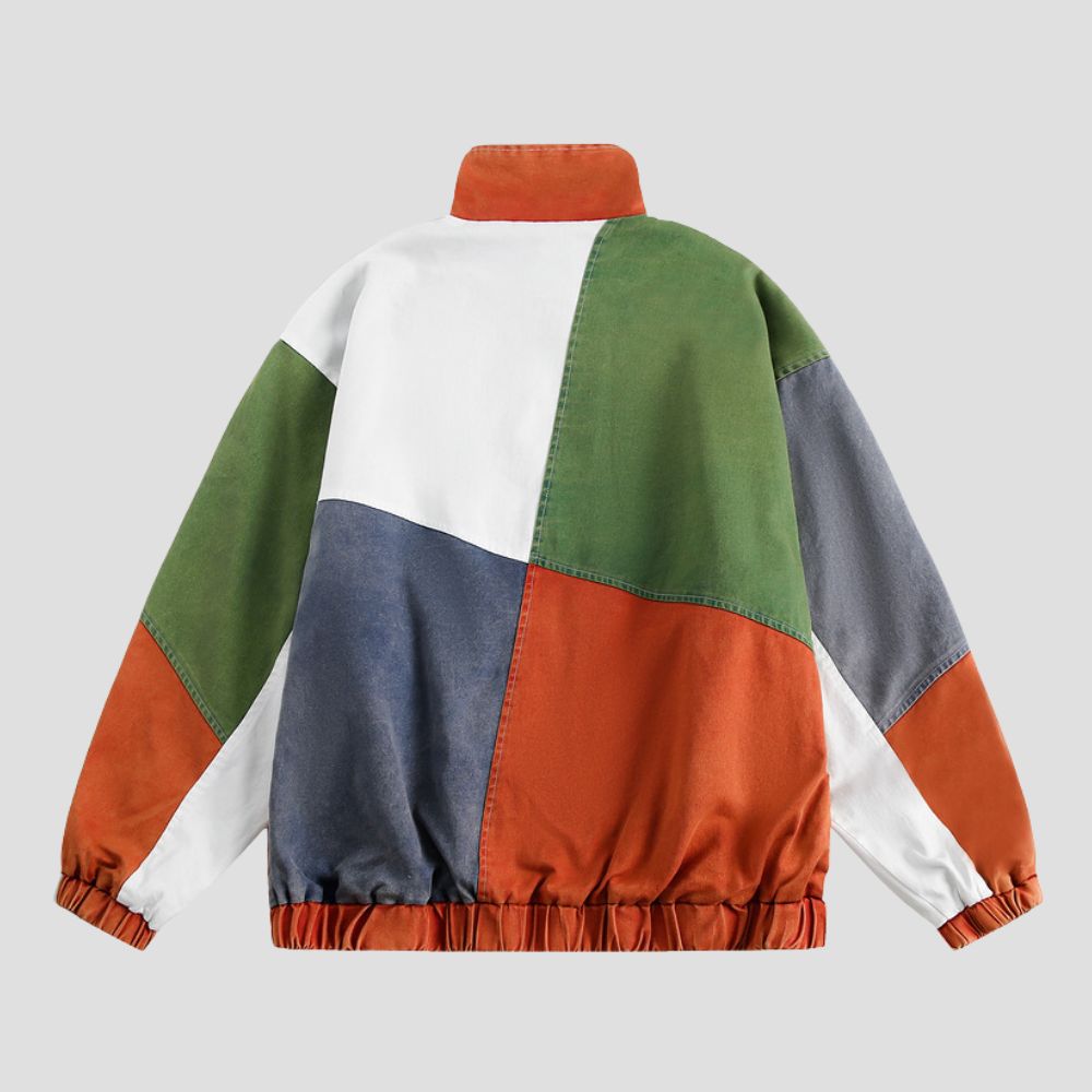 Back View of Color-Blocked Loose Jacket highlighting the unique color combination