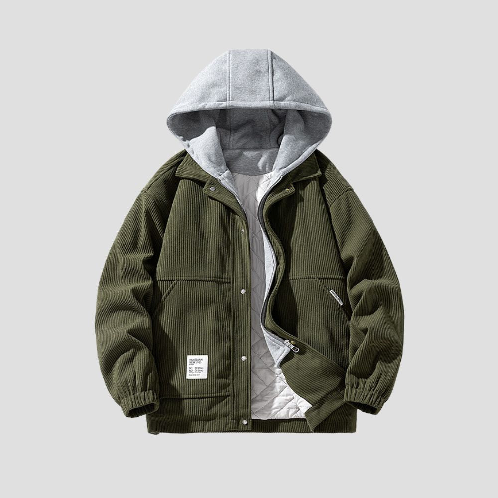 Corduroy Hooded Cotton-Padded Jacket Detailed Pocket Design