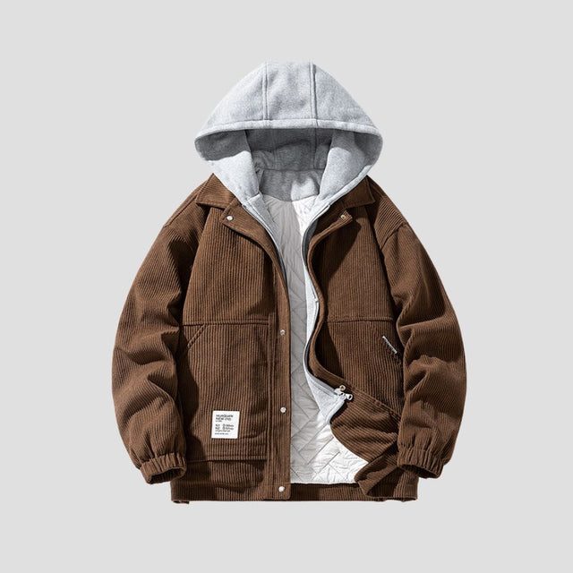 Corduroy Hooded Cotton-Padded Jacket in Classic Navy Blue with Hood Up