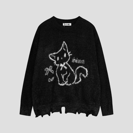 Cozy sweater with relaxed fit and unique cat embroidery detail.
