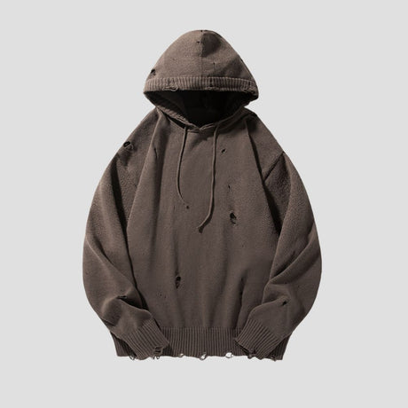 Loose fit hollow hole sweater with adjustable hood
