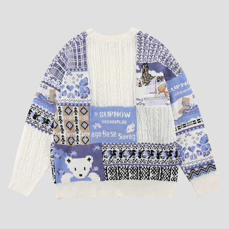 Retro bear embroidered sweater for casual autumn wear
