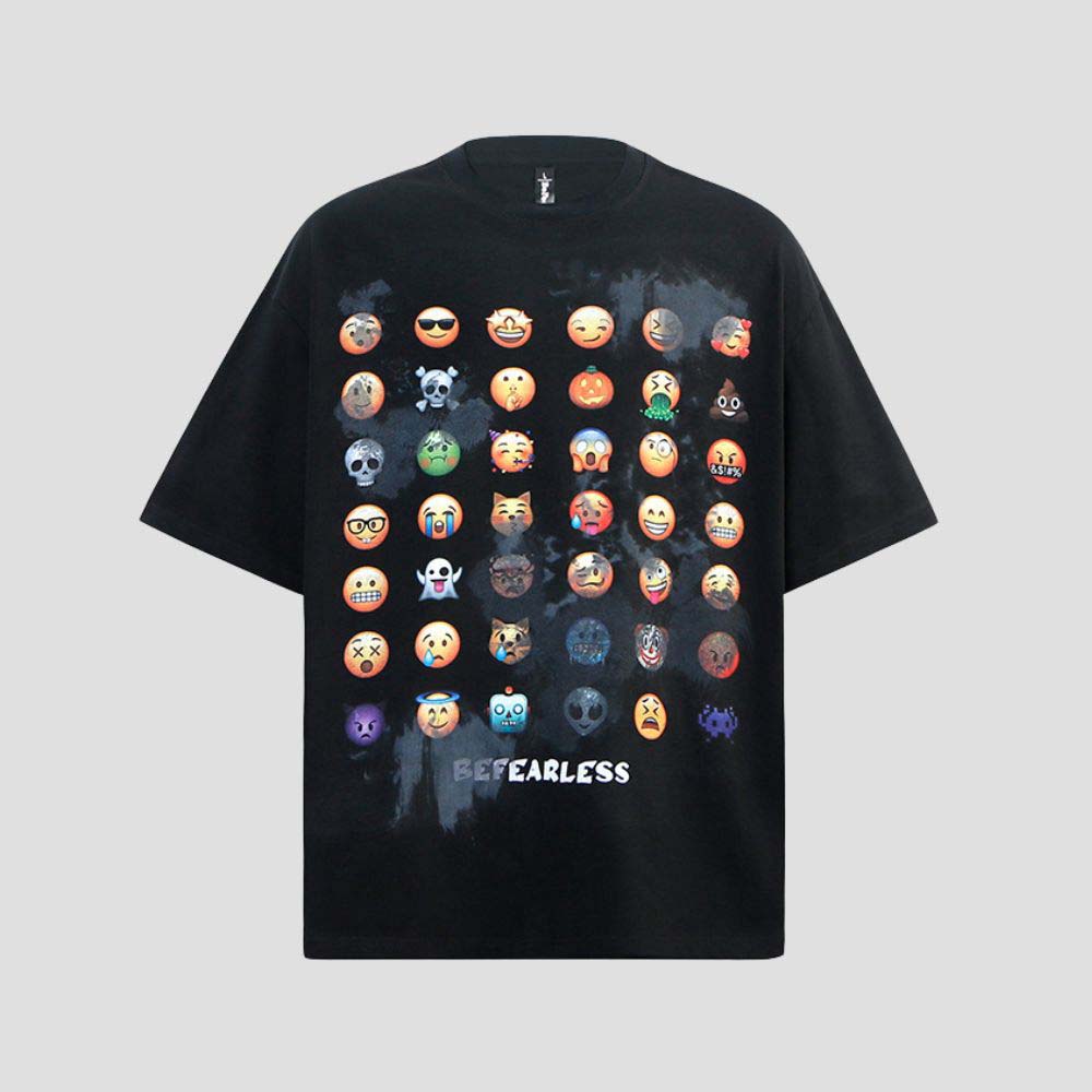 Hip-hop style emoji graffiti tee with street fashion vibes