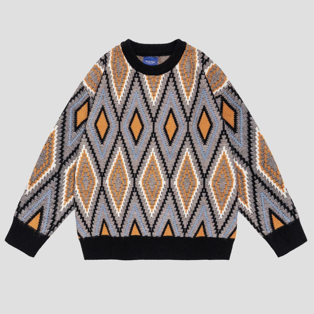 Stylish sweater featuring ethnic diamond pattern design
