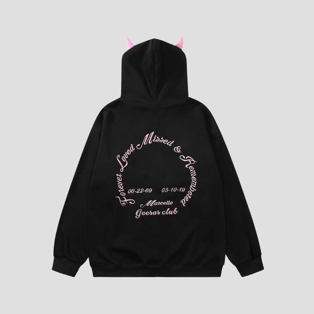 Embroidered letter print horned hoodie