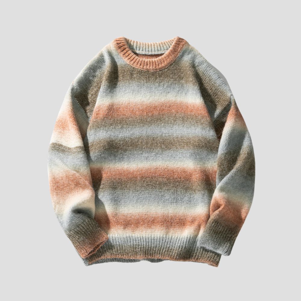 Trendy crewneck sweater with gradient satin dye for fall.
