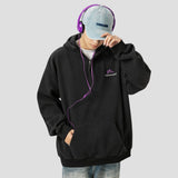 Adjustable drawstring hood on the Half-Zip Hooded Sweatshirt for a customizable fit.