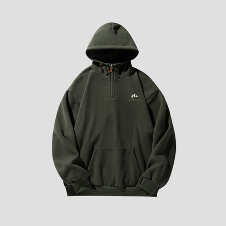 Front view of the Half-Zip Hooded Sweatshirt showcasing the comfortable hood and half-zip design