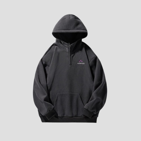 Front view of the Half-Zip Hooded Sweatshirt showcasing the comfortable hood and half-zip design