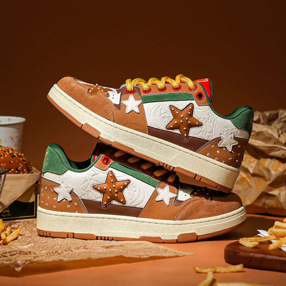 Model wearing Hamburger Star Sneakers, demonstrating their casual look