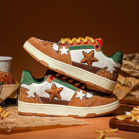 Model wearing Hamburger Star Sneakers, demonstrating their casual look