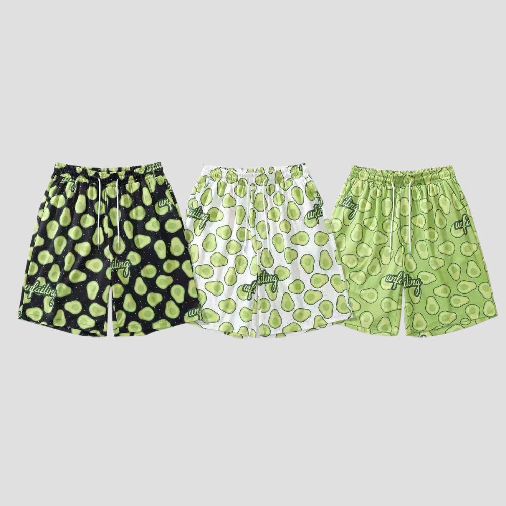 Trendy quick-dry shorts with a loose fit, avocado print, and travel style.