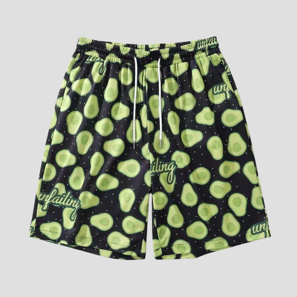 Loose fit shorts featuring avocado print, quick-dry material, and athletic design.