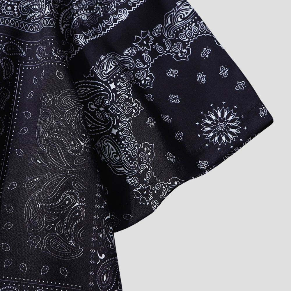 Hawaiian Paisley Colorblock Shirt in cooling fabric, hip-hop inspired, unisex design.
