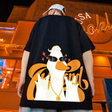 Label displaying brand and material information on hip-hop duck T-shirt