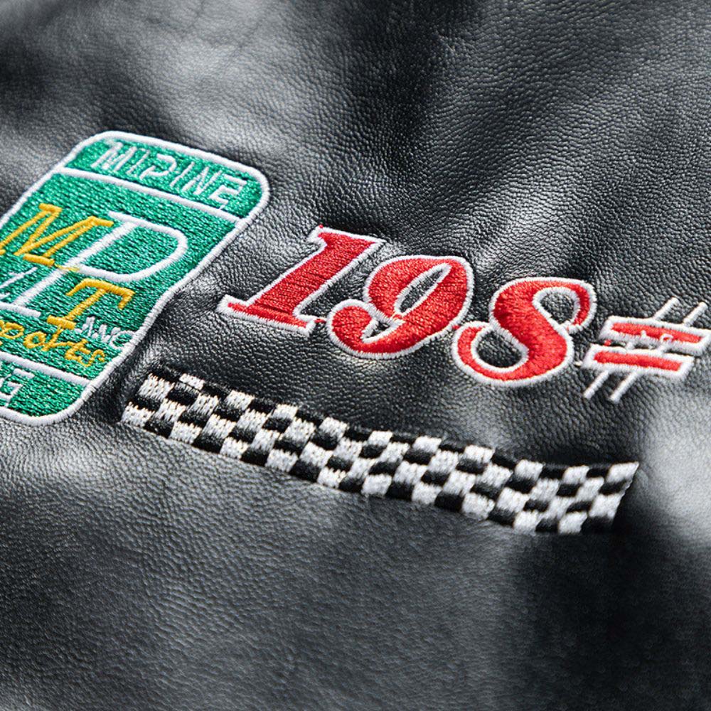 Racing-inspired jacket with vintage accents.