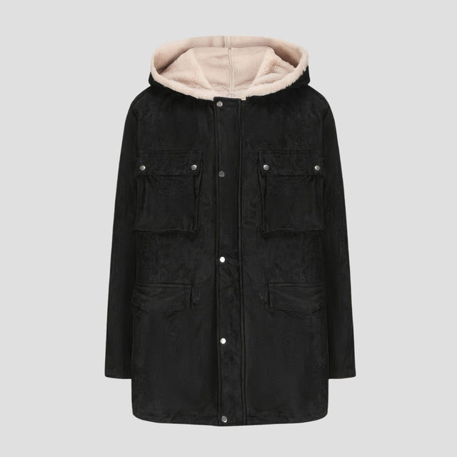  Front view of the Hooded Fleece Lined Warm Jacket showcasing its cozy fleece interior and full-length zipper.