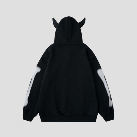 Unisex hoodie featuring horn decorations and skull graffiti