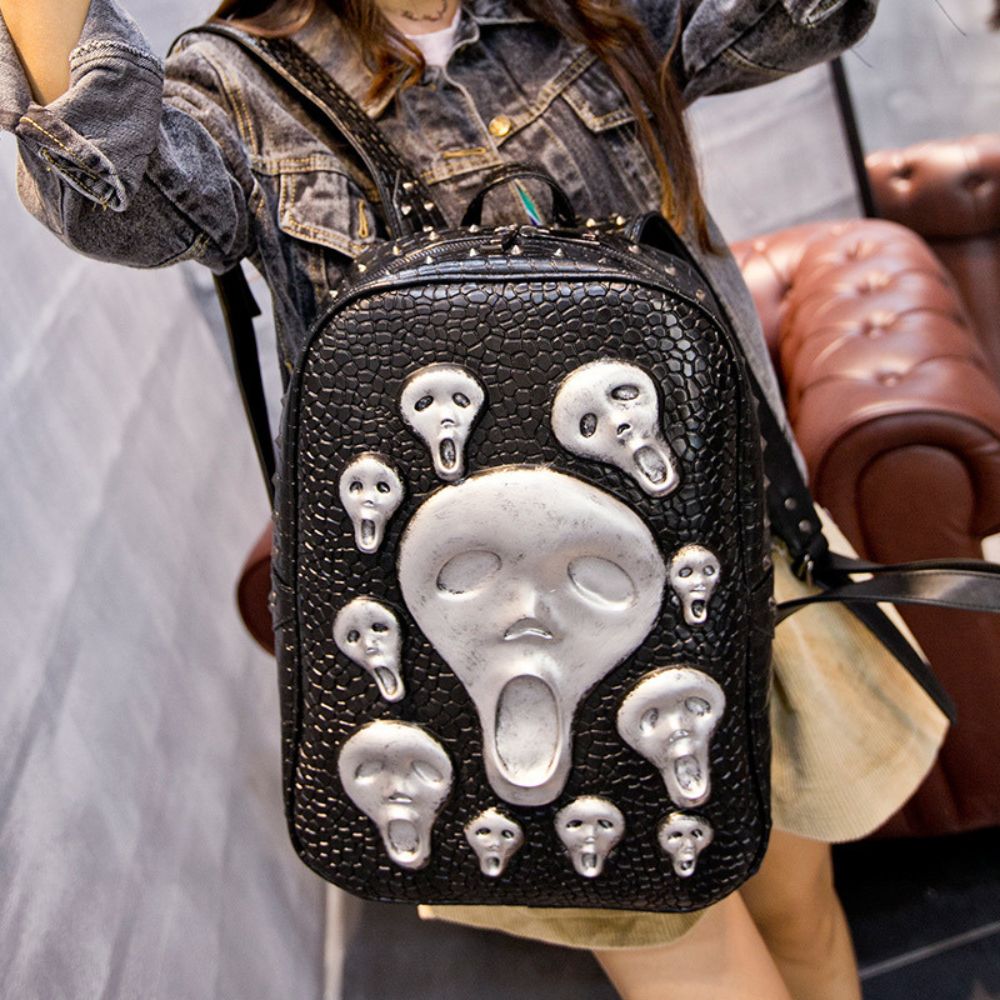 3D skull design on black backpack