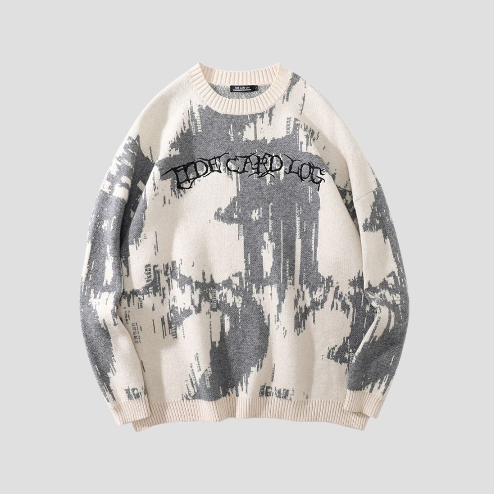 Front view of the Letter Tie-Dye Print Sweater showing the bold letter print and vibrant tie-dye pattern