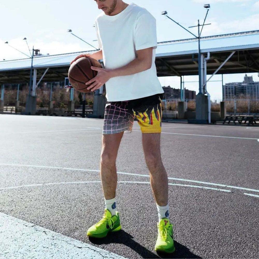 Breathable streetwear shorts with hip-hop influence and flame pattern