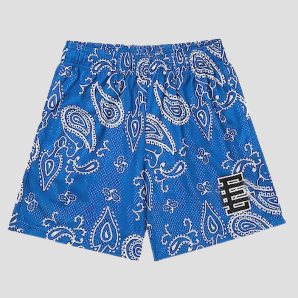 Unisex shorts with paisley pattern, cooling fabric, and breathable mesh.