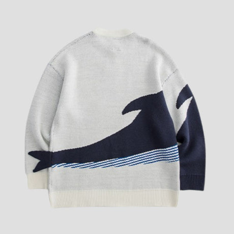 Unisex loose-fit sweater featuring color contrast and ocean design
