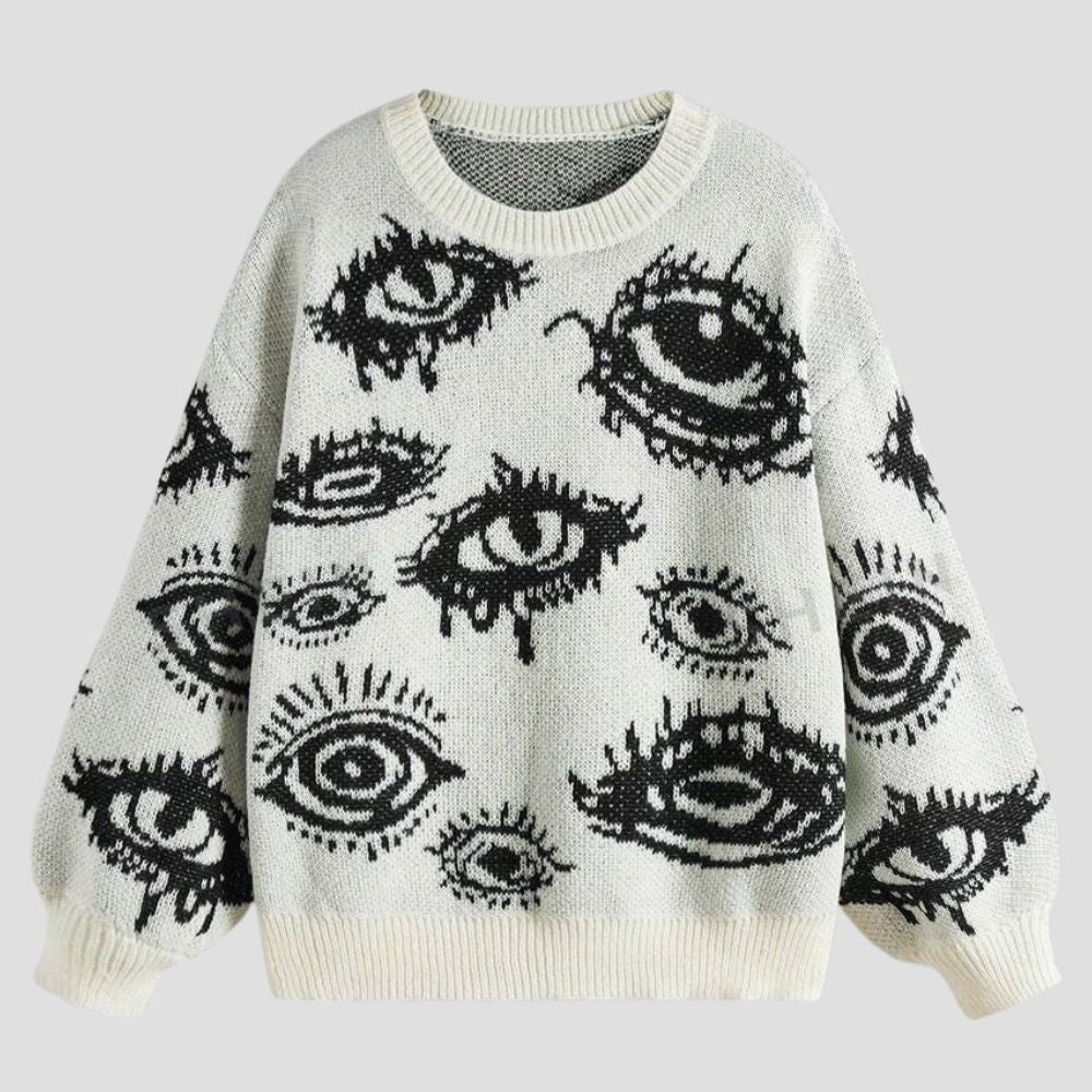 Personality Eye Jacquard Crewneck Loose Knit Sweater