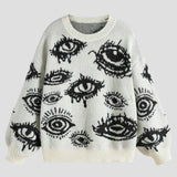 Personality Eye Jacquard Crewneck Loose Knit Sweater