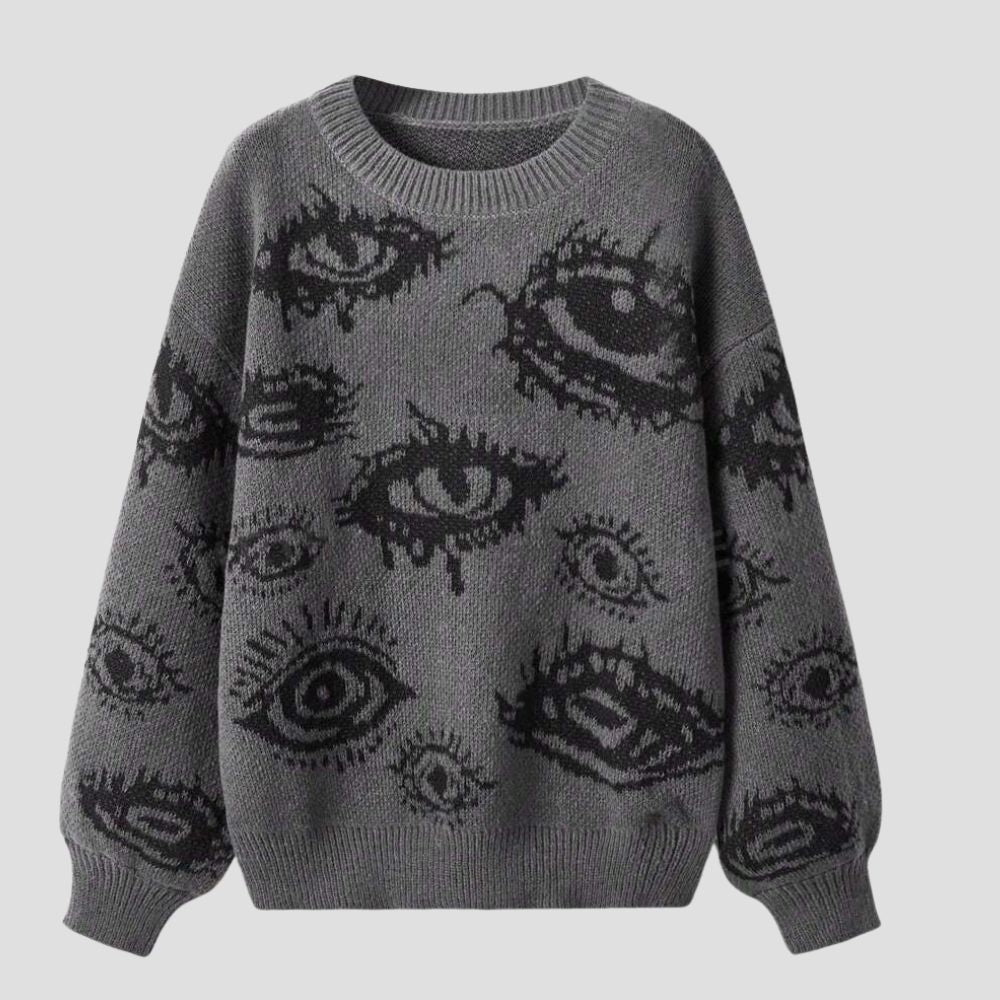 Personality Eye Jacquard Crewneck Loose Knit Sweater