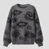 Personality Eye Jacquard Crewneck Loose Knit Sweater