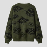 Personality Eye Jacquard Crewneck Loose Knit Sweater