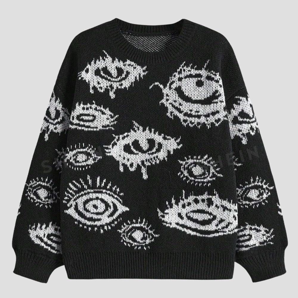 Personality Eye Jacquard Crewneck Loose Knit Sweater