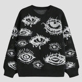 Personality Eye Jacquard Crewneck Loose Knit Sweater