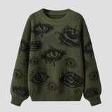 Personality Eye Jacquard Crewneck Loose Knit Sweater